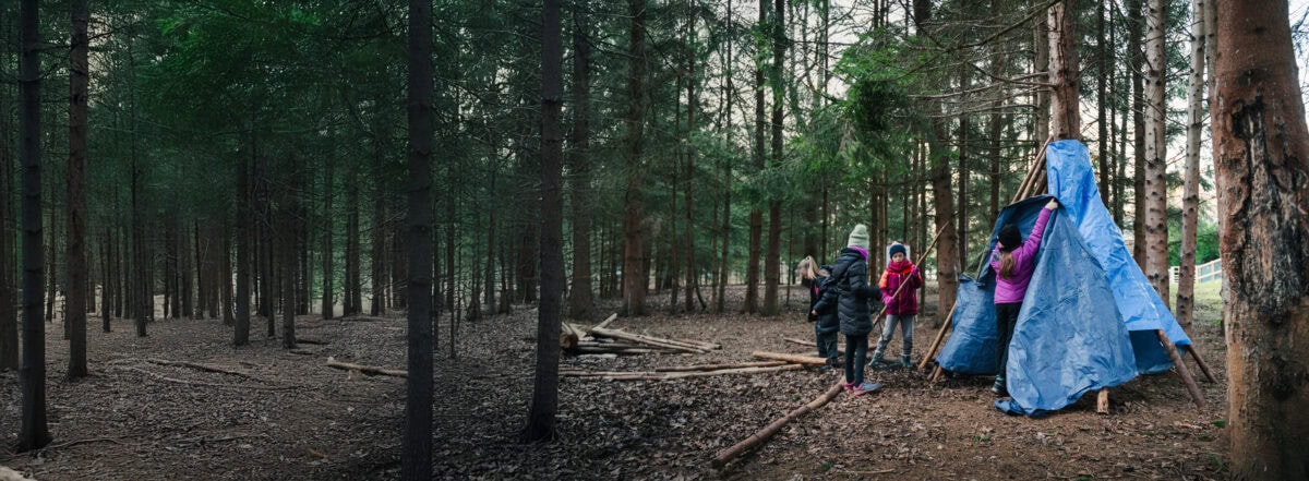 Group of children in the woodland building a shelter